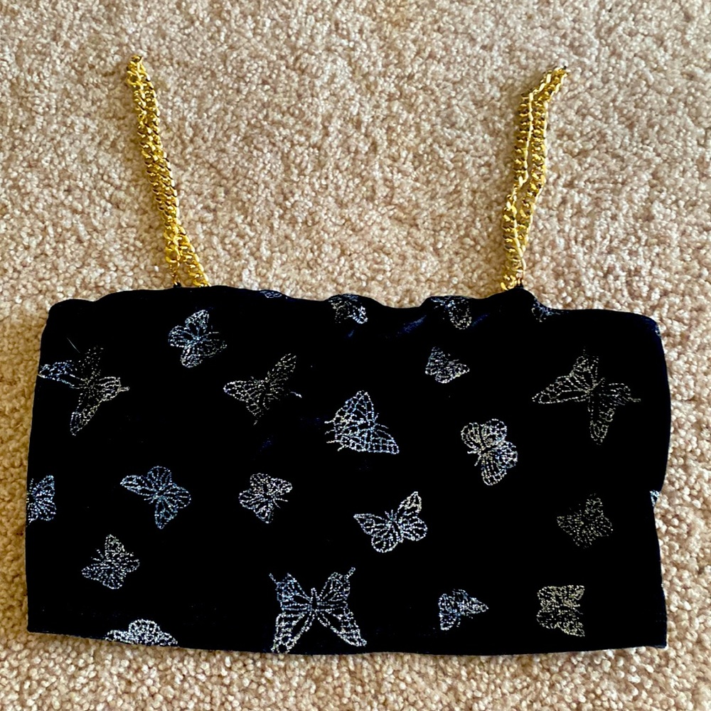 Black velvet crop stop with silver glitter butterflies and gold chain straps